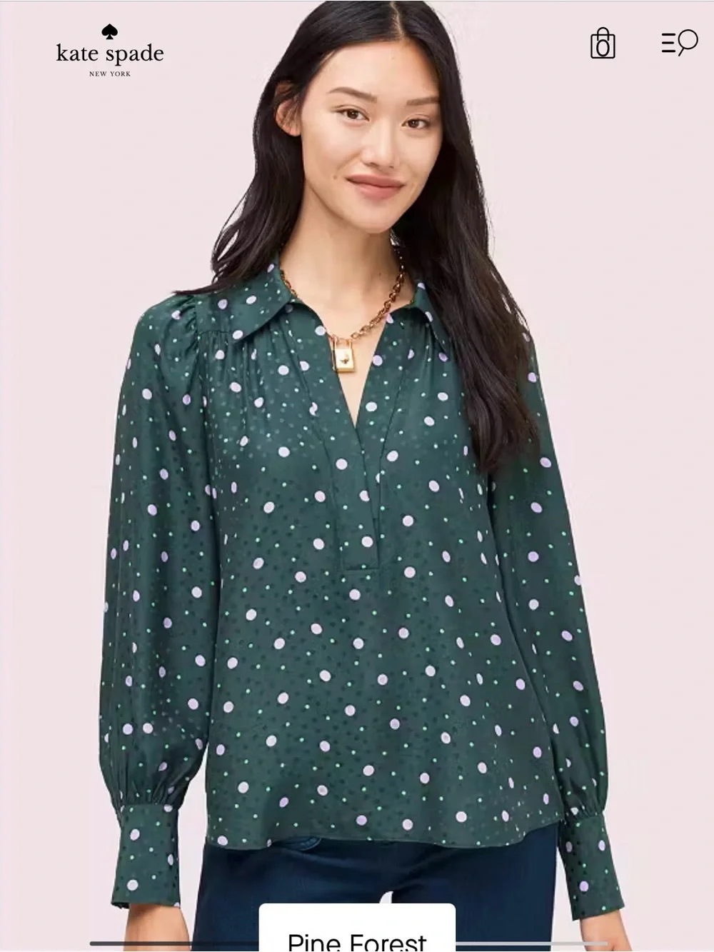 kate spade Pine Forest Green Pop Dots Blouse with lavender Polka Dots